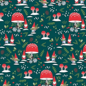 May include: A repeating pattern on a teal background featuring red-capped mushrooms, gnomes in red hats and green scarves, snowflakes, and sprigs of holly. The gnomes are depicted in pairs and individually, holding hands or carrying branches.