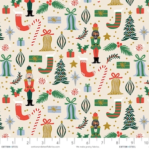 May include: A beige fabric with a repeating pattern of Christmas-themed illustrations. The pattern includes nutcrackers, candy canes, ornaments, Christmas trees, stockings, bells, and stars. The background is a light beige color.