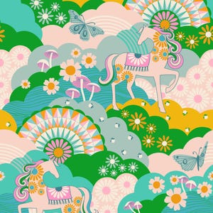 May include: A whimsical pattern featuring pink horses with floral saddle blankets, butterflies, mushrooms, and flowers in shades of pink, yellow, green, and blue.