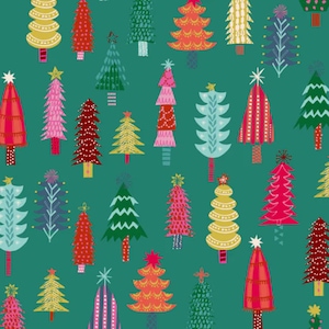 May include: A repeating pattern of colorful Christmas trees on a teal background. The trees vary in design, with star or snowflake toppers and a range of colors including red, pink, yellow, and green. Some trees have decorative patterns.