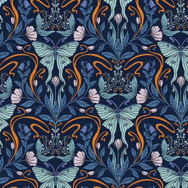 Moonlight Butterfly Navy - La Luna - Jillian Anderson - Paintbrush Studio Fabric 100% Quilters Cotton -  120-24418