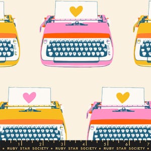 May include: A repeating pattern of vintage typewriters in shades of pink, yellow, and orange on a cream background. Each typewriter has a sheet of paper with a heart shape. The text "RUBY STAR SOCIETY" is at the bottom.