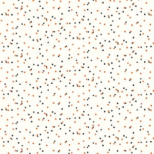 May include: A white fabric featuring a repeating pattern of small, hand-drawn style dots in black and burnt orange. The dots are scattered across the surface in an irregular, non-uniform arrangement, creating a simple and clean speckled visual effect.