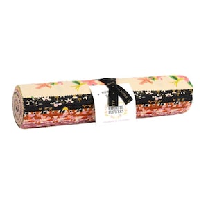 May include: A roll of fabric featuring a floral print in shades of pink, orange, and yellow. The fabric is wrapped with a black label that reads "Ruby Star Society Favorite Flowers Collaborative Collection".