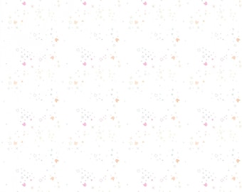 May include: A white background with a repeating pattern of small pink, orange, and gray stars and hearts.