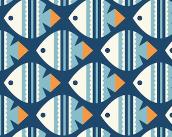 Fish ORGANIC CANVAS - Ocean Motion - Roucoucou - Cloud 9 Fabrics - 100% ORGANIC Cotton Canvas 227849