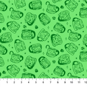 Santa Mugs Green - Merry Kitschmas - Louise Pretzel - Figo Fabrics - 100% Quilters Cotton