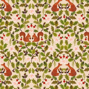 May include: A repeating pattern featuring squirrels, foxes, oak leaves, acorns, pink flowers, and red berries on a beige background. The design has a symmetrical, nature-inspired theme, suitable for fabric or wallpaper.