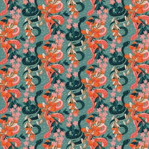 May include: A teal blue background with a repeating pattern of green snakes winding around orange and pink flowers. The snakes are stylised and have a geometric design.
