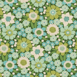 May include: A floral pattern featuring large and small flowers in shades of green, blue, and cream against a dark green background. The design includes various flower shapes and sizes, creating a dense, repeating pattern.