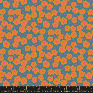 May include: Teal fabric with a repeating pattern of orange and pink flowers. The fabric has a ruler with numbers 1 through 7 printed on it.