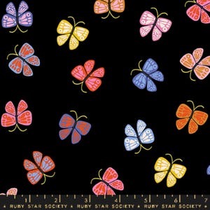 May include: Black fabric with a repeating pattern of colourful butterflies. The butterflies are in various shades of pink, red, orange, yellow, blue, and green.