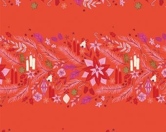May include: Red fabric with a repeating pattern of Christmas-themed illustrations. The pattern includes poinsettias, candles, bells, ornaments, and gingerbread men. The fabric is measured with a ruler in inches.
