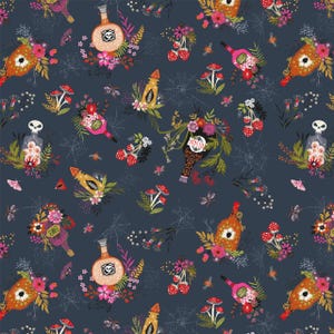 May include: A dark gray fabric pattern featuring various potion bottles, skulls, mushrooms, spiderwebs, and colorful floral arrangements. The bottles include labels with text like "POISON" and skull icons, interspersed with small insects and moths.