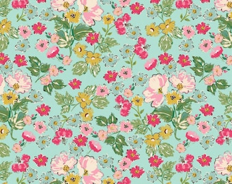 May include: A seamless pattern featuring pink, yellow, and blue flowers on a light blue background. The flowers are arranged in a random pattern and are surrounded by green leaves.