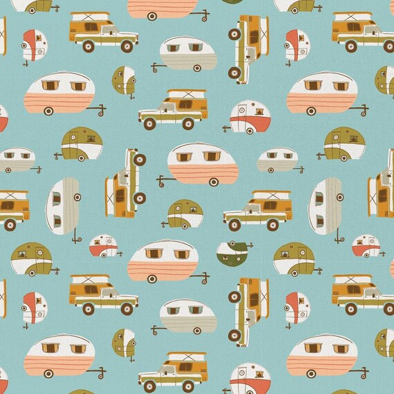 Campers Blue - VIntage Camping - Crissie Rodda - Paintbrush Studio Fabric 100% Quilters Cotton -  120-20151