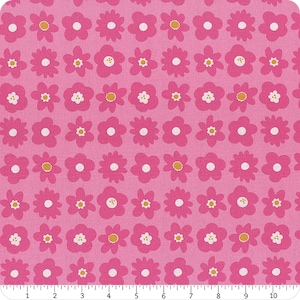 May include: Pink fabric with a repeating pattern of stylized pink flowers with white and yellow centers. The flowers are arranged in neat rows and columns on a solid pink background. The fabric is suitable for quilting and crafting.