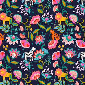 May include: A repeating pattern featuring stylized animals and flowers on a dark blue background. Lions, zebras, tigers, and peacocks are interspersed among large, colorful blooms in pink, teal, and orange. The design has a whimsical, folk art aesthetic.
