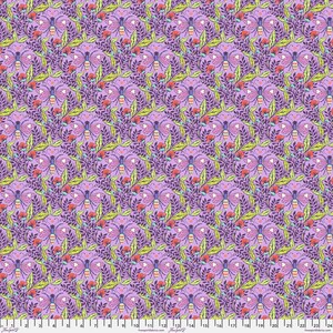 May include: A repeating pattern of butterflies, leaves, and flowers in shades of purple, pink, red, and green. The butterflies have striped bodies and heart-shaped details. The background is a light purple.