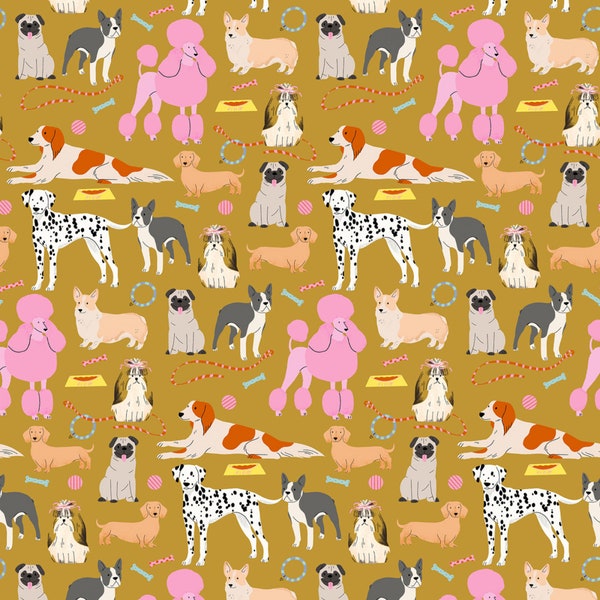 Dog Days Gold - Dog Days - House Designer - Dear Stella Fabric - STELLA-DFG2834  GOLD Quilters Cotton