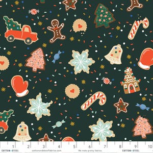 May include: A dark green fabric with a repeating pattern of Christmas-themed gingerbread cookies. The cookies include a gingerbread house, a gingerbread man, a candy cane, a bell, a snowflake, a Christmas tree, and a star. The background is a dark green with a sprinkle of red, white, and blue sprinkles.