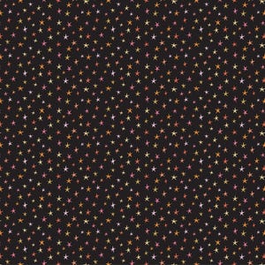以下が含まれることがあります： 黒色の背景に、小さな多色の星が繰り返しパターンで描かれています。星はピンク、オレンジ、黄色の色合いです。