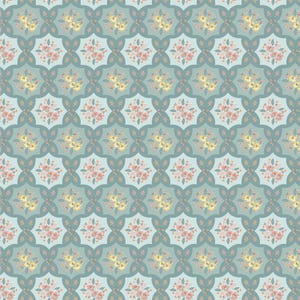 Pode incluir: Padrão repetitivo com buquês florais em tons de rosa, amarelo e cinza sobre um fundo verde-azulado claro. O design incorpora uma disposição simétrica de flores e folhas estilizadas, criando uma estética vintage e decorativa.