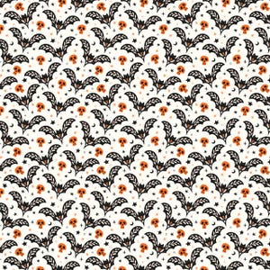 May include: A repeating pattern on a white background featuring black stylized bats with white wing details, interspersed with small orange skulls, tiny black stars, and small crescent moon shapes arranged in a dense, uniform grid layout.