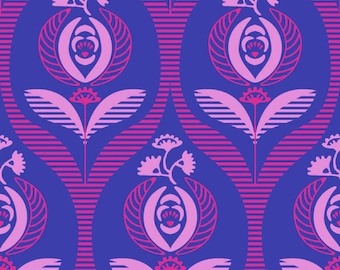 May include: A seamless pattern featuring pink and purple stylized floral designs on a blue background. The pattern is made up of repeating floral motifs with leaves and stems.