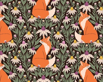 May include: A seamless pattern featuring orange foxes sitting amongst white and yellow flowers with green leaves on a dark brown background.