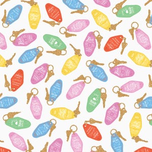 May include: A pattern of colorful motel keychains and keys on a white background. The keychains are in various colors, including yellow, pink, blue, green, and red, with text such as "The Mouse Hole" and "Cat Nap Inn".