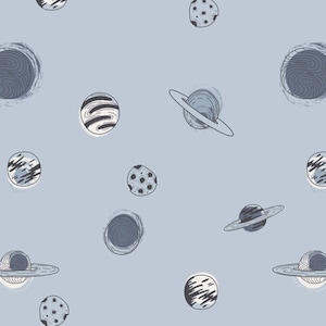 May include: A seamless pattern featuring a variety of planets and stars in shades of blue and gray on a light blue background.