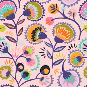 May include: A seamless pattern featuring stylized flowers with bright colors, including pink, orange, yellow, green, and blue. The flowers are surrounded by circles and other geometric shapes.