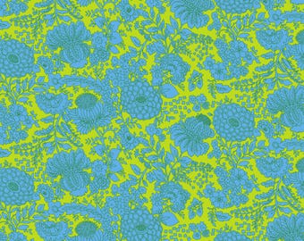 May include: A repeating pattern of blue floral designs on a bright yellow-green background. The flowers vary in size and shape, with detailed petals and leaves. The overall design is reminiscent of a vintage floral fabric.