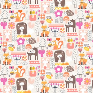 Peut inclure: Un motif fantaisiste avec des animaux et de la flore de la forêt stylisés. Le motif comprend des renards, des ours, des écureuils, des cerfs, des hérissons, des hiboux, des abeilles, des fleurs, des arbres et des formes géométriques.