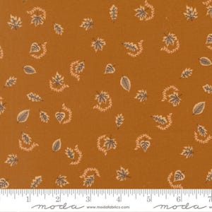 May include: A piece of fabric with a burnt orange background featuring a repeating pattern of small, dark brown leaves and light beige curved vine accents. A white ruler at the bottom shows a scale of 18 cm for the fabric width.