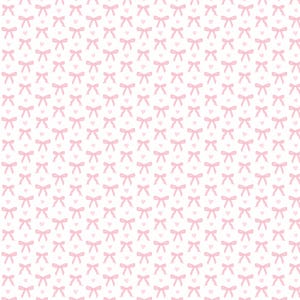 May include: A repeating pattern of light pink bows and hearts on a white background. The bows are evenly spaced and arranged in rows and columns, creating a delicate and feminine design. The hearts are interspersed among the bows.