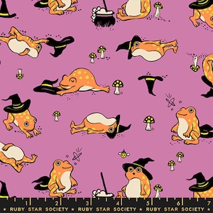 May include: A pink fabric pattern featuring orange frogs with cream bellies, some wearing black witch hats, interspersed with small mushrooms, black cauldrons, and sparkles. A black ruler at the bottom displays the text RUBY STAR SOCIETY.