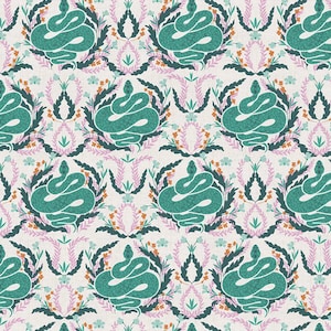 May include: A seamless pattern featuring teal green snakes coiled within a wreath of pink and green leaves on a white background.