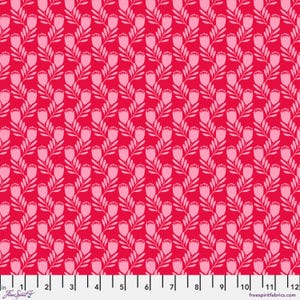 May include: A bright red fabric featuring a repeating pattern of light pink stylized floral elements. The design includes vertical rows of flowers with curved stems and leaves, creating a symmetrical and visually appealing textile.