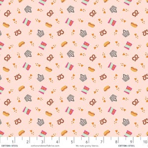 May include: A pink fabric with a repeating pattern of pretzels, hot dogs, bags of crisps, and shopping baskets. The pattern is in shades of brown, orange, pink, and white.