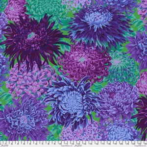 May include: A vibrant green background with a repeating pattern of purple, blue, and pink chrysanthemums. The flowers are stylized and have a painterly look.