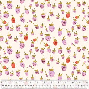 May include: A white background with a repeating pattern of pink strawberries. The strawberries are outlined in black and have small black seeds.