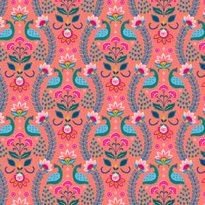 May include: A repeating pattern featuring stylized peacocks, flowers, and foliage in teal, pink, and white on a coral background. The design has a symmetrical layout with vertical floral elements and peacock motifs.