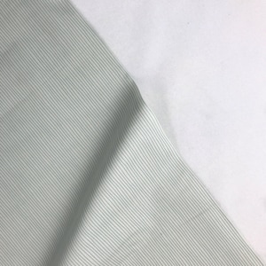 Puede incluir: Primer plano de una tela blanca con finas rayas verde claro. La tela está doblada por la mitad, con el lado rayado hacia arriba y el lado blanco hacia abajo.