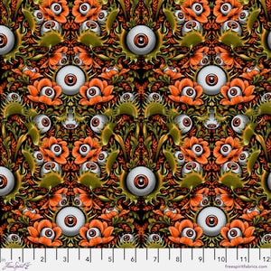May include: A repeating pattern featuring stylized orange flowers, large white eyeballs with brown irises, and green foliage against a black background. The design has a Halloween or gothic theme. The fabric is marked with a ruler in inches and the text "Free Spirit Fabrics".