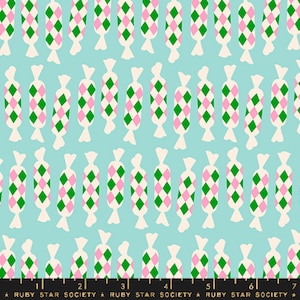 May include: A repeating pattern of candy cane-shaped designs on a light blue background. The candy canes are white with pink and green diamond patterns.
