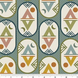 Puede incluir: Tela con un patrón geométrico repetitivo. Formas ovaladas contienen diseños abstractos de montañas y lunas en verde, naranja, azul y rosa. El fondo tiene una sutil textura rayada. Adecuado para proyectos de manualidades. Medidas en centímetros.