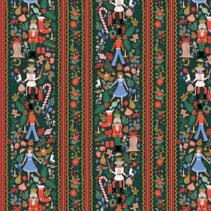 Puede incluir: Patrón repetitivo con ilustraciones navideñas. El diseño incluye cascanueces, hombres de jengibre y bailarinas, sobre un fondo verde oscuro con rayas rojas y doradas. Festivo y caprichoso.