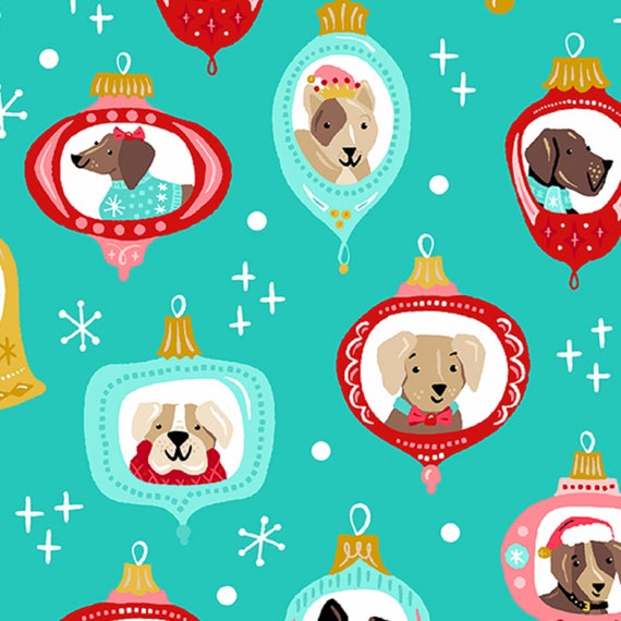 Dog Ornaments Teal - Furry and Bright -  Andover Fabric - 100% Quilters Cotton